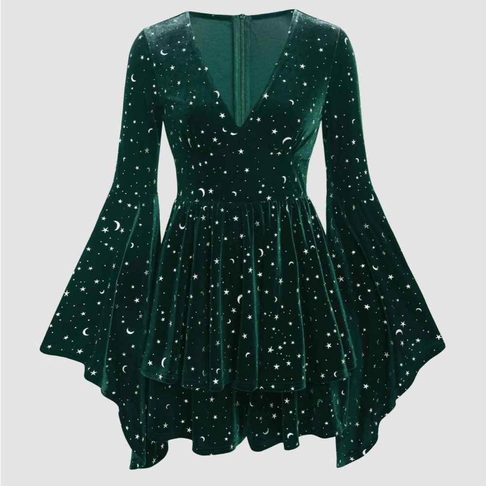 Elegant Green Velvet Romper with Celestial Print